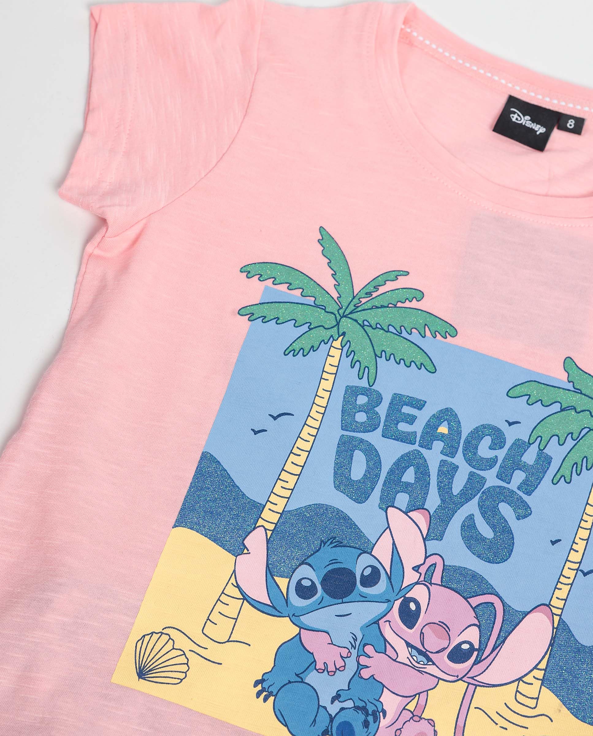 Disney Pijama niña Verano 100% algodón - Pijama Manga Corta Stitch Waves para niña – pantalón Corto con Cinturilla elástica Estampado – Tejido Suave al Tacto, Rosa - Talla 8 años