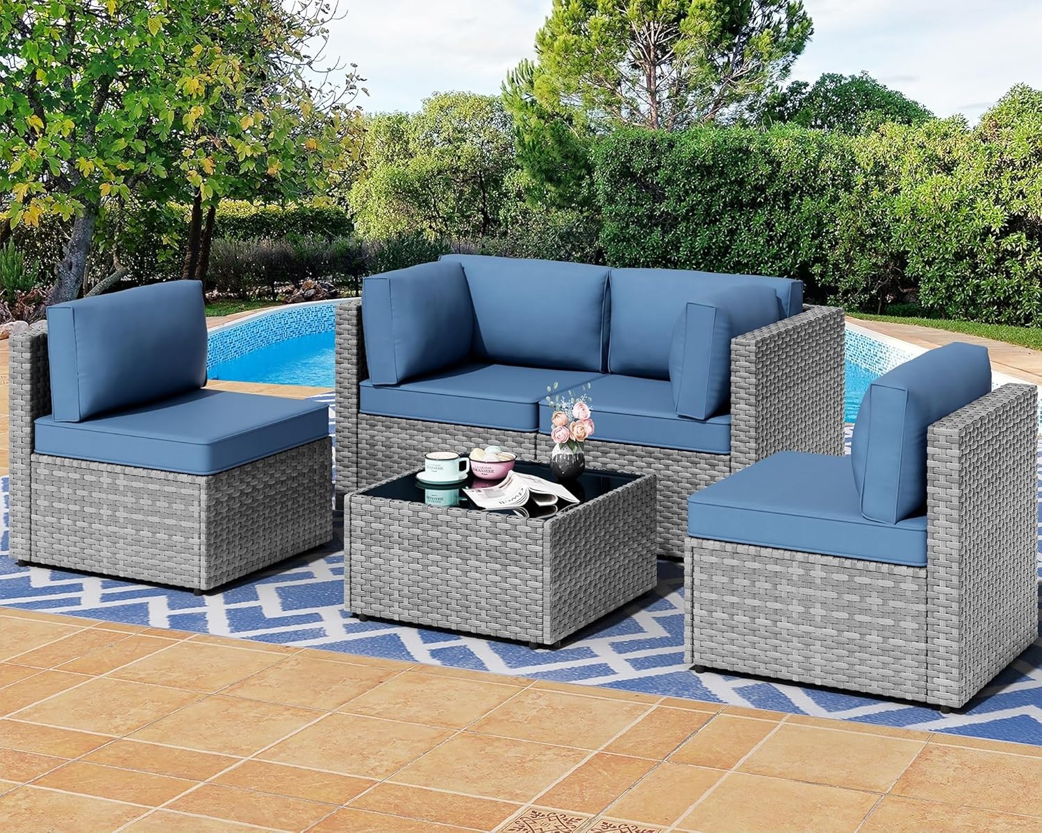 5 Pieces Outdoor Patio Sectional Sofa Couch PE Wicker Furniture Conversation Sets with Washable Cushions Glass Coffee Table for Backyard Porch Balcony Poolside