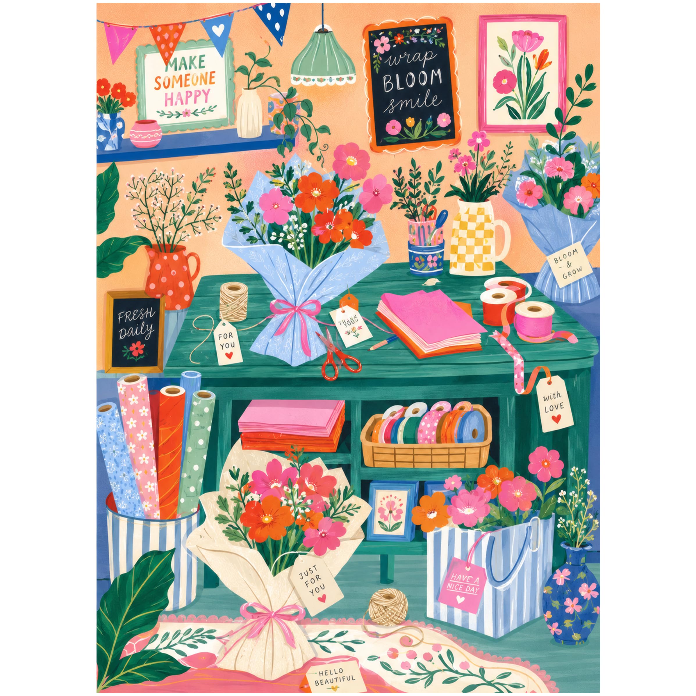 Flower Shop 500 Piece Jigsaw Puzzle for Adults & Teens, Colorful Bouquet Wrapping Table Scene with Floral Paper, Ribbon Spools, Gift Tags, Potted Blooms, Cheerful Handmade-Style Art, 20.5 x 15 in Size
