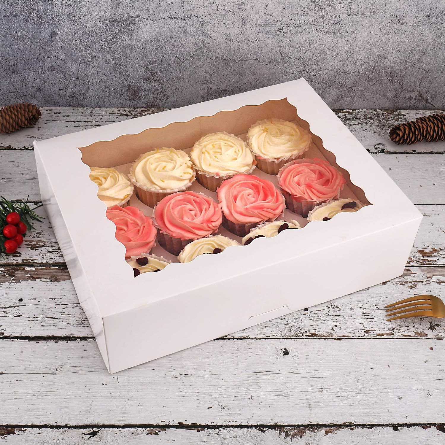 Tcoivs 20-Set Cupcake Boxes Hold 12 Standard Cupcakes, White Cupcake Containers, Auto-Popup Paperboard Cupcake Carrier for Cupcakes and Muffins