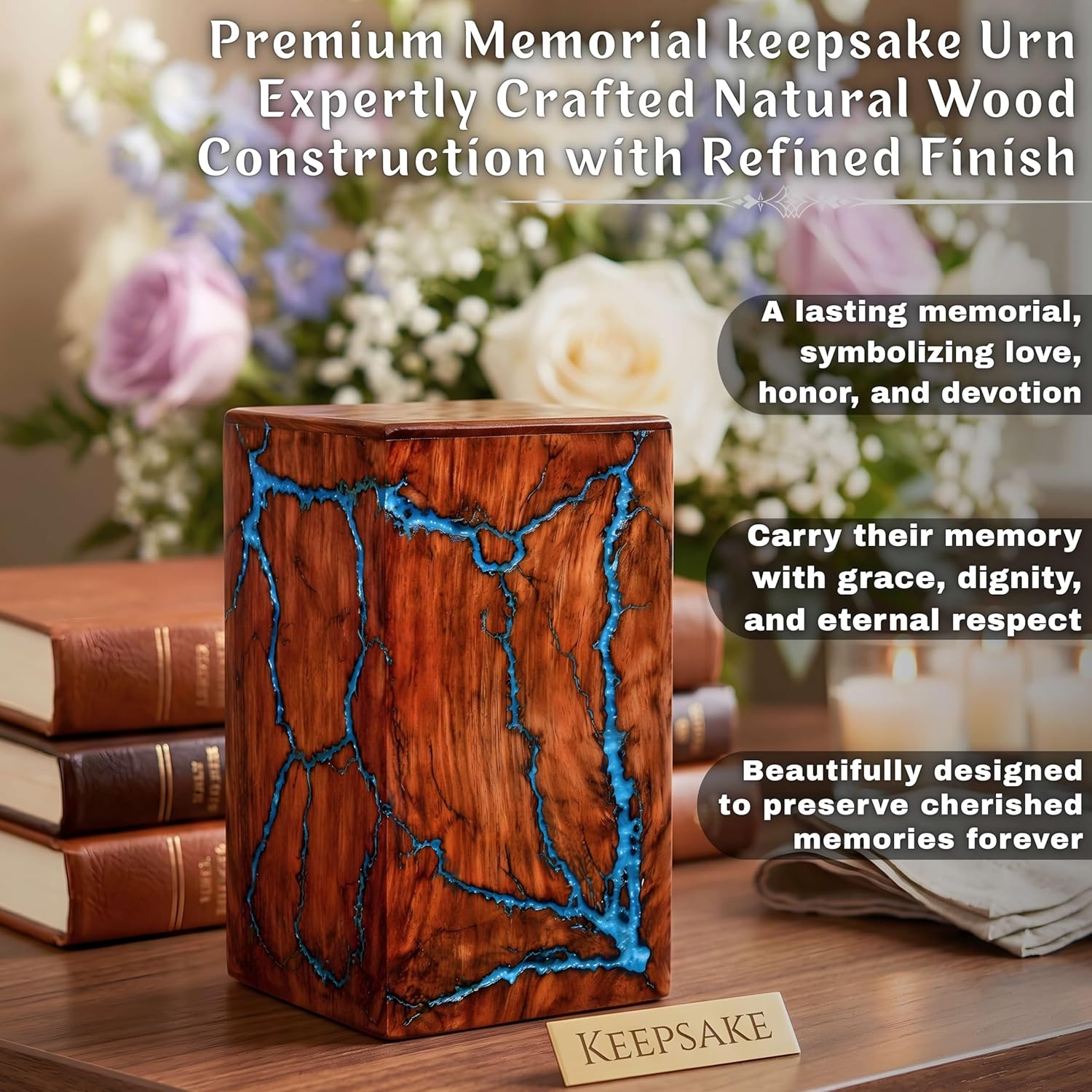 Unique Wooden Urn for Human Ashes Adult Male & Female, Blue Epoxy Resin Handmade Keepsake Cremation Urn Box, Decorative Burial & Funeral Urn with Secured Lid (Small 25 Cu in)