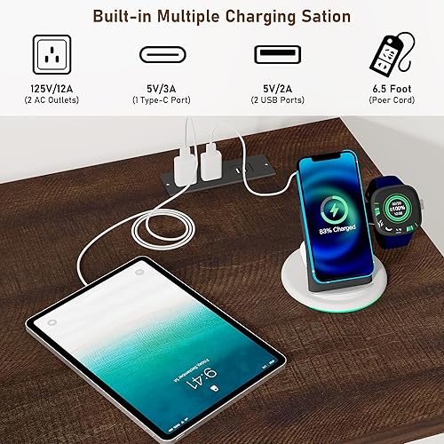 Miniatura 5 de Escritorio de oficina en casa de granja de 58 pulgadas con cajones, escritorio ejecutivo de madera con estación de carga, cajones de archivos y