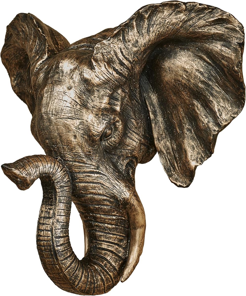 Escultura de pared con busto de elefante Hakimi | Acabado metálico en bronce y oro | Diseño intrincado y realistamente detallado | Decoración artística de pared con cabeza de elefante | Perfecto para estilos safari, africano, asiático o bohemio.