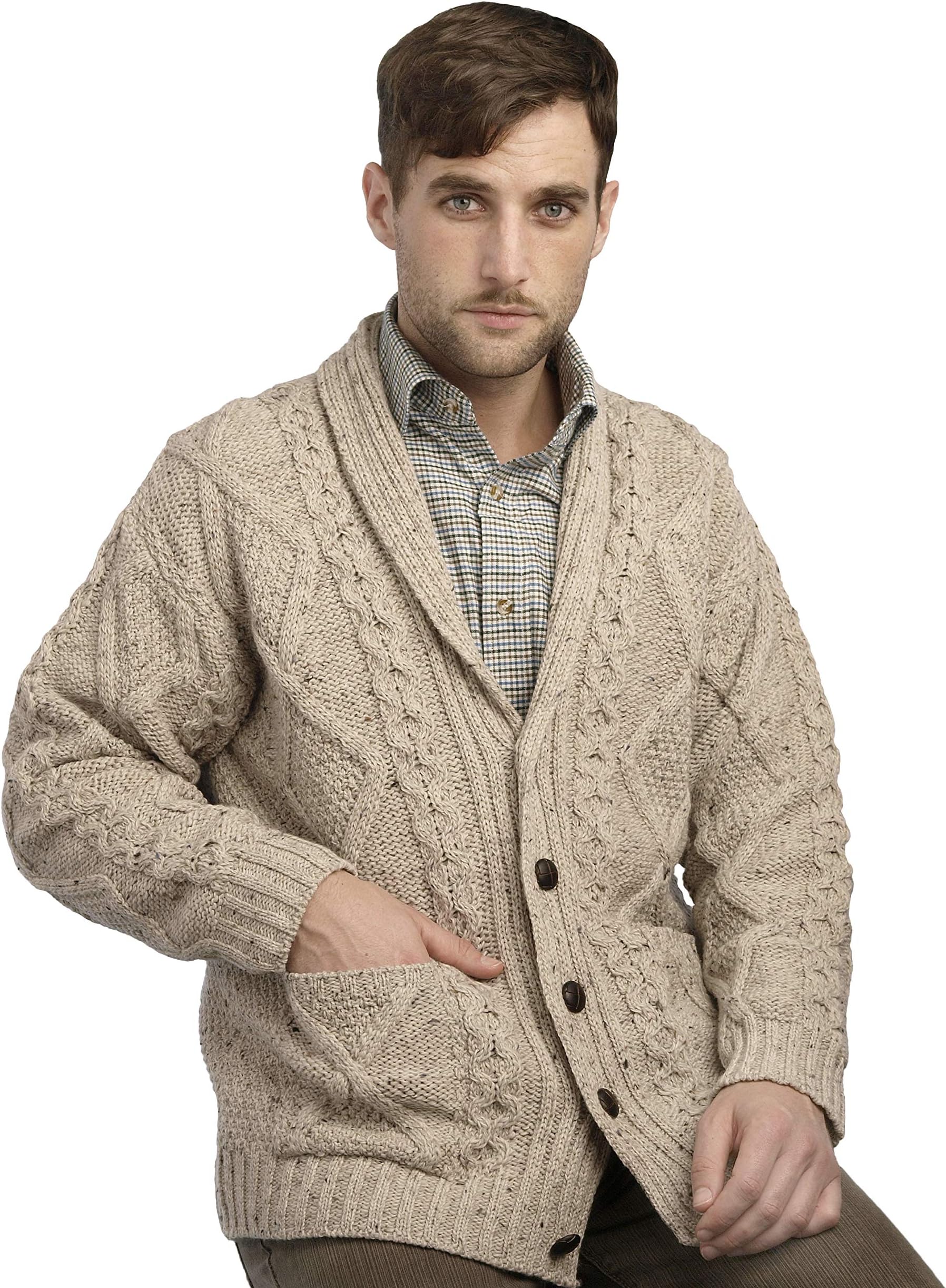 Aran Crafts Men's Irish Cable Knitted Cardigan Sweater (100% Merino Wool)