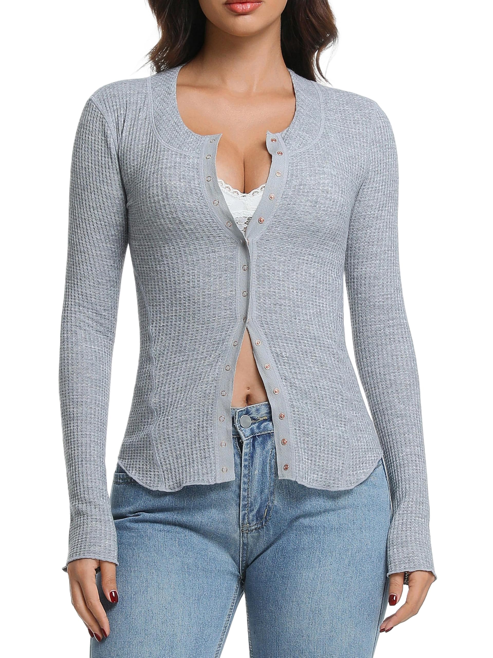 Womens Cardigan Lightweight Waffle Knit Long Sleeve Button Down Shirts Fitted Going Out Tops