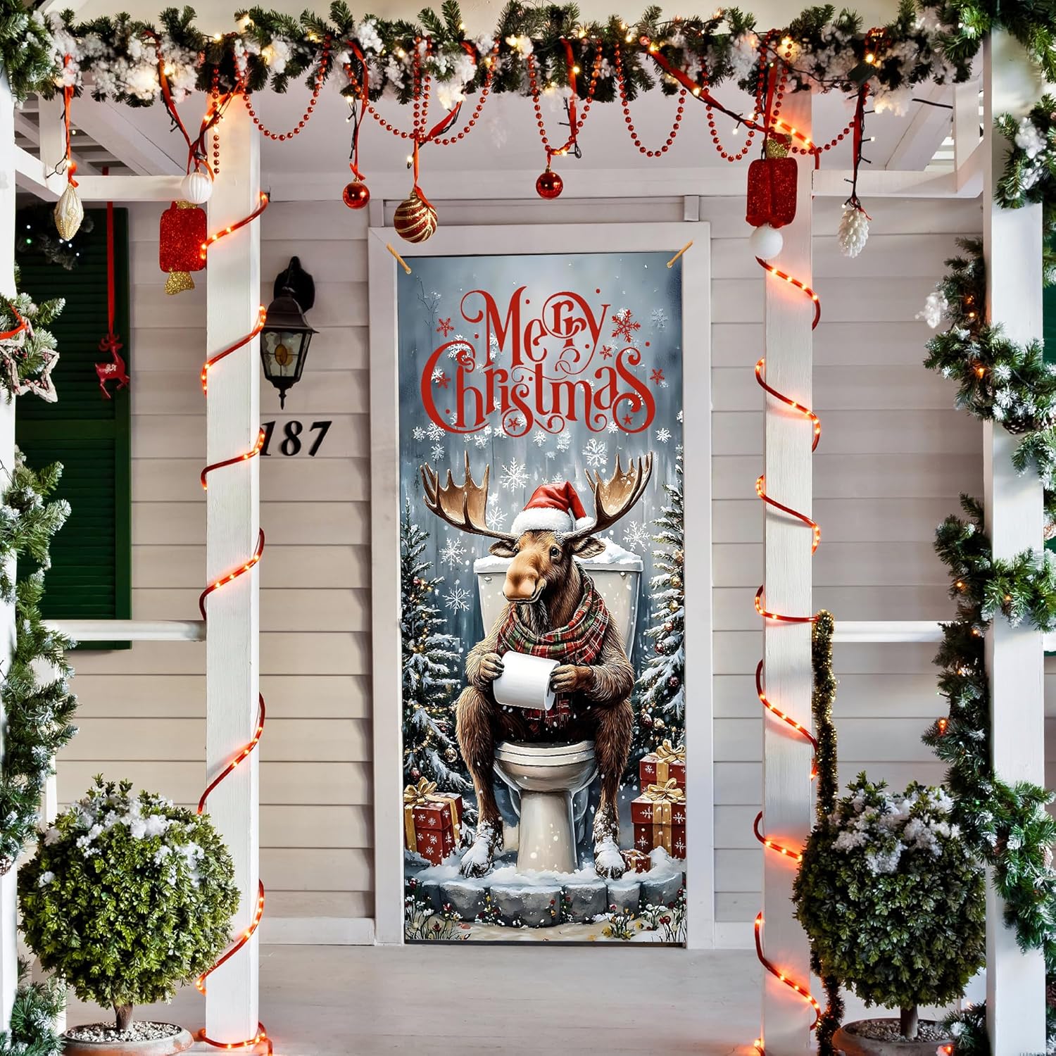 JINYO Funny Christmas Bathroom Door Decorations Curtains, Merry Christmas Winter Moose Bathroom Door Covers Doorway Banners Background Backdrop Decor for Winter Holiday Party, 35 * 79 Inch - Image 5