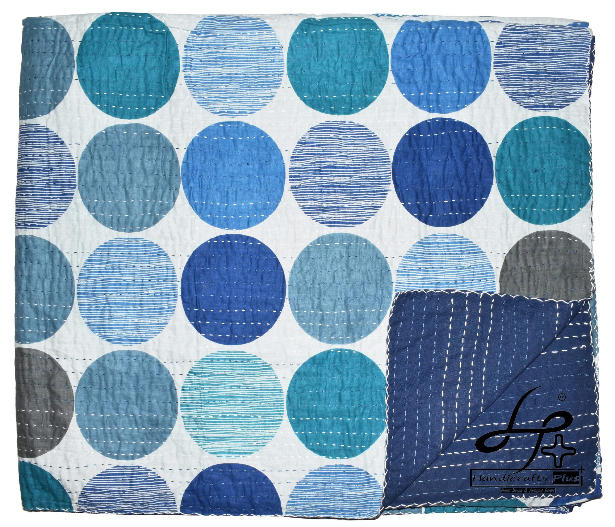 Handicrafts Plus King Size Kantha Quilt New Indian Cotton Gudari Handmade Bedding Bedcover Floral Print Beautiful Bedding Bedcover Beautiful Blue Color Coverlet Handmade Bedspread 90x108''