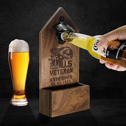 Personalized Wooden Beer Bottle Opener Wall Mounted with Cap Collector for Veteran - US Army Veteran Gift for Dad, An Ideal Gift for Vietnam and