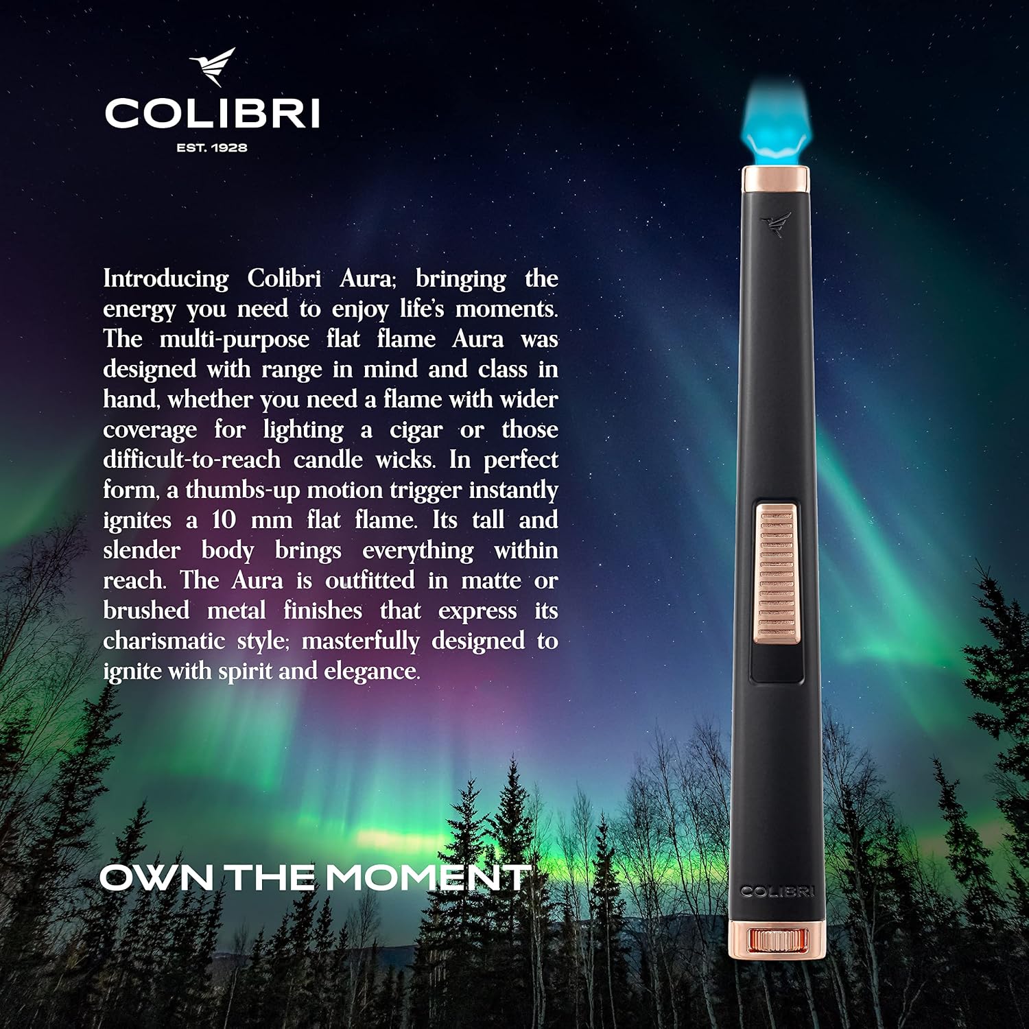 Colibri Aura 10mm Flat Flame Lighter - Elegant and Windproof with Refillable Butane, Ideal for Cigars & Candles, with Single-Action Ignition (Matte Black + Rose)