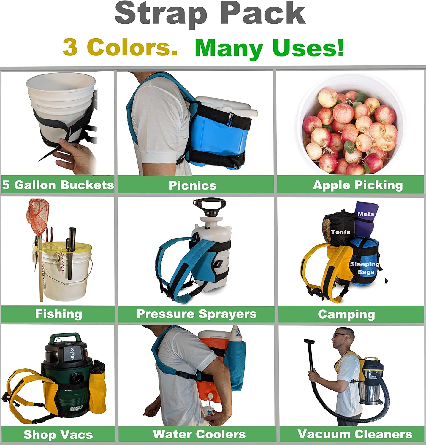 Strap Pack Backpack for Carrying Outdoor Wet Dry Vacuums or Water Coolers (Gold)
