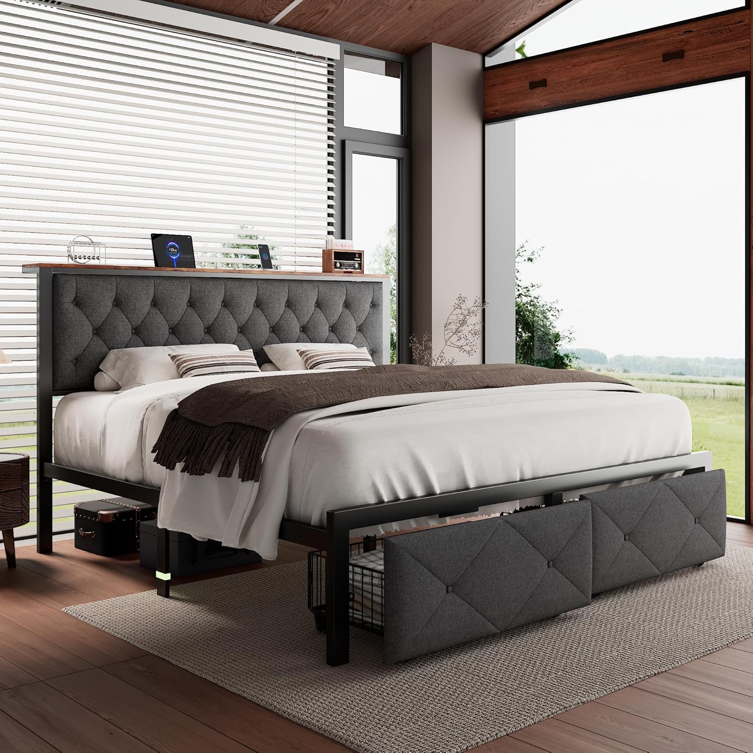 iPormis King Bed Frame with 2 Storage Drawers, Linen Upholstered Headboard Platform Bed with Charging Station, No Box Spring Needed, Metal Slats Support, Noise-Free, Easy Assembly, Grey