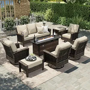 HERA'S HOUSE 8-Piece Outdoor Furniture Set with Fire Pit Table, Beige
