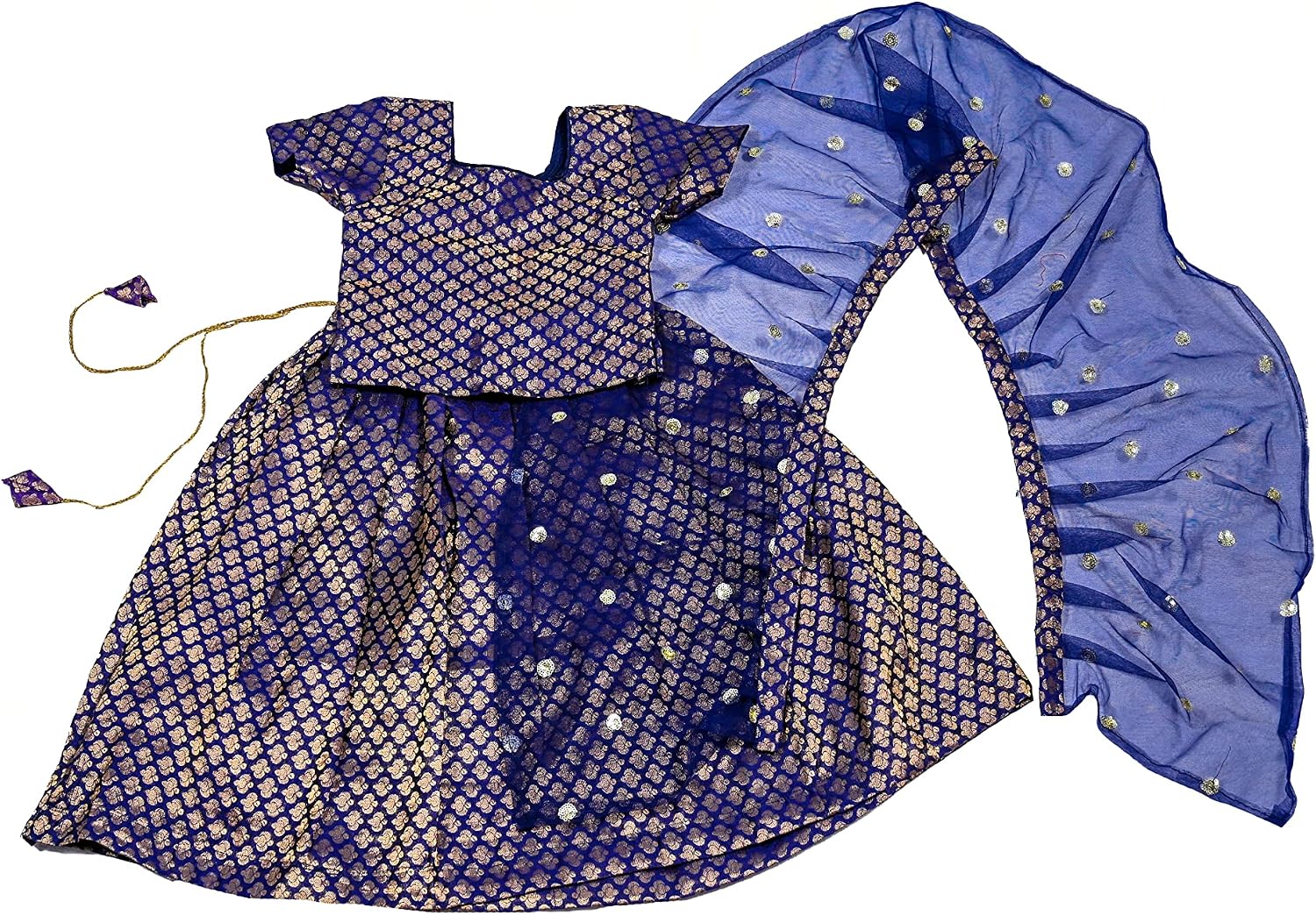 TRADITION INDIA Royal Blue Chanderi Silk Kids Lehenga Choli Set, Short Sleeves Lehenga Choli, Pattu Pavadai, Kids Ethnic Wear