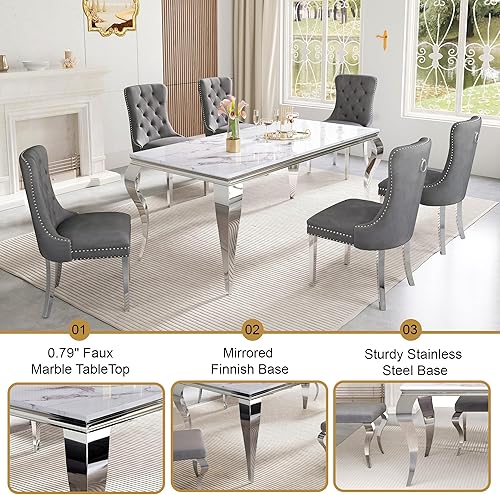 Vista 5 de Juego de mesa de comedor de mármol para mesa de cocina de mármol sintético blanco de 6,70 pulgadas y sillas de terciopelo para 6,7 piezas de mesa