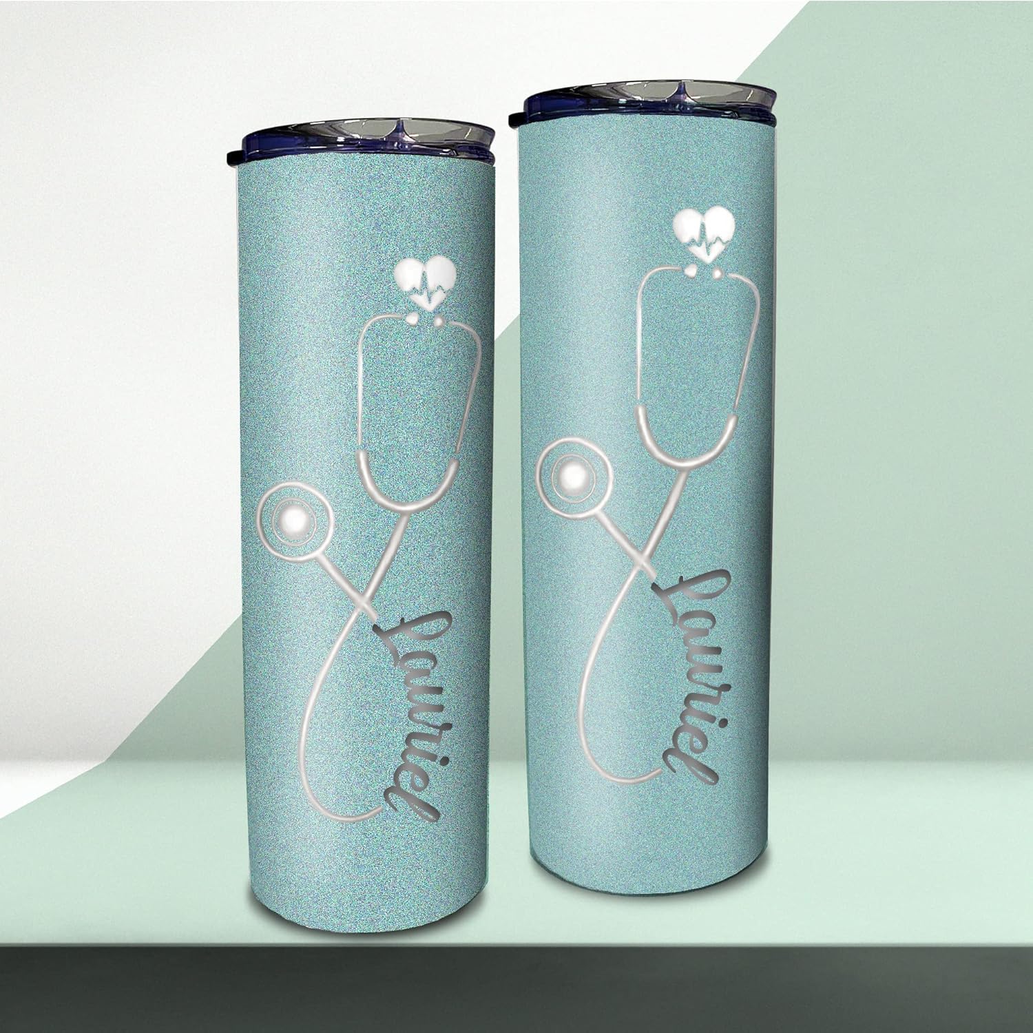 WHIDOBE Personalized Nurse Gift, Custom Skinny 20oz Nurse Tumbler with Stethoscope, Name, Custom Doctor Gift, Nurse Graduation Gift for Nursing Student, Gift for Her, Him, Men Women - Glitter Seascape