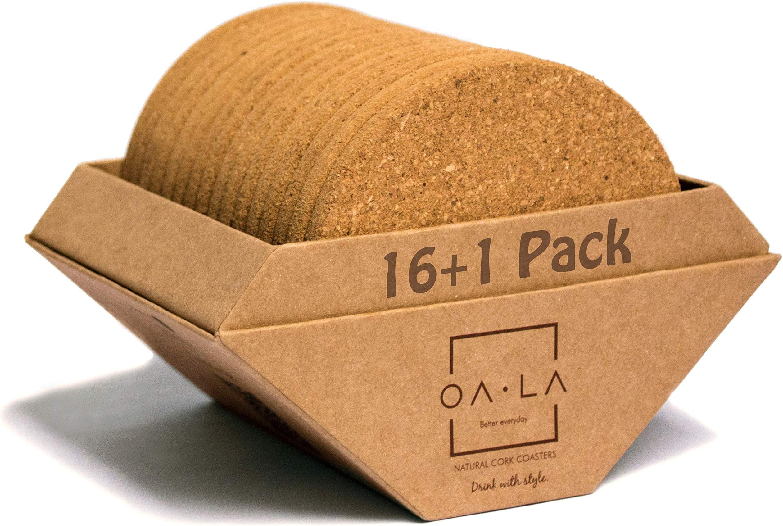 Natural Cork Coasters for Drinks - Premium Pack of 16 in Gift Box Holder, Rounded-Edge, Absorbent, 100% eco-Friendly, Heat-Resistant, Protective, Durable, Ideal for Glasses, Cups & Mugs - by OALA