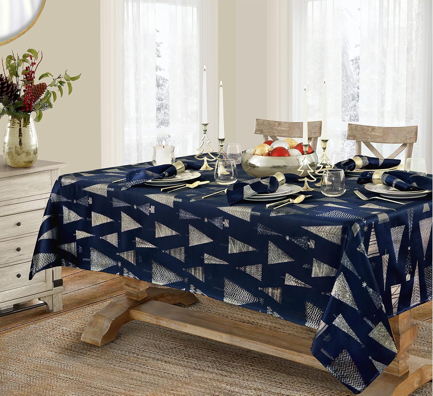 Newbridge Navy Blue and Gold Fancy Metallic Christmas Trees Fabric Holiday Tablecloth, Xmas Tree Contemporary Soil Resistant Easy Care Tablecloth, 60” x 102” Oblong/Rectangle, Navy/Gold