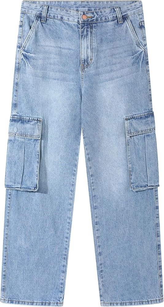 MZNBURAM Men's Non-Stretch Loose Fit Wide-Leg Baggy Cargo Jeans