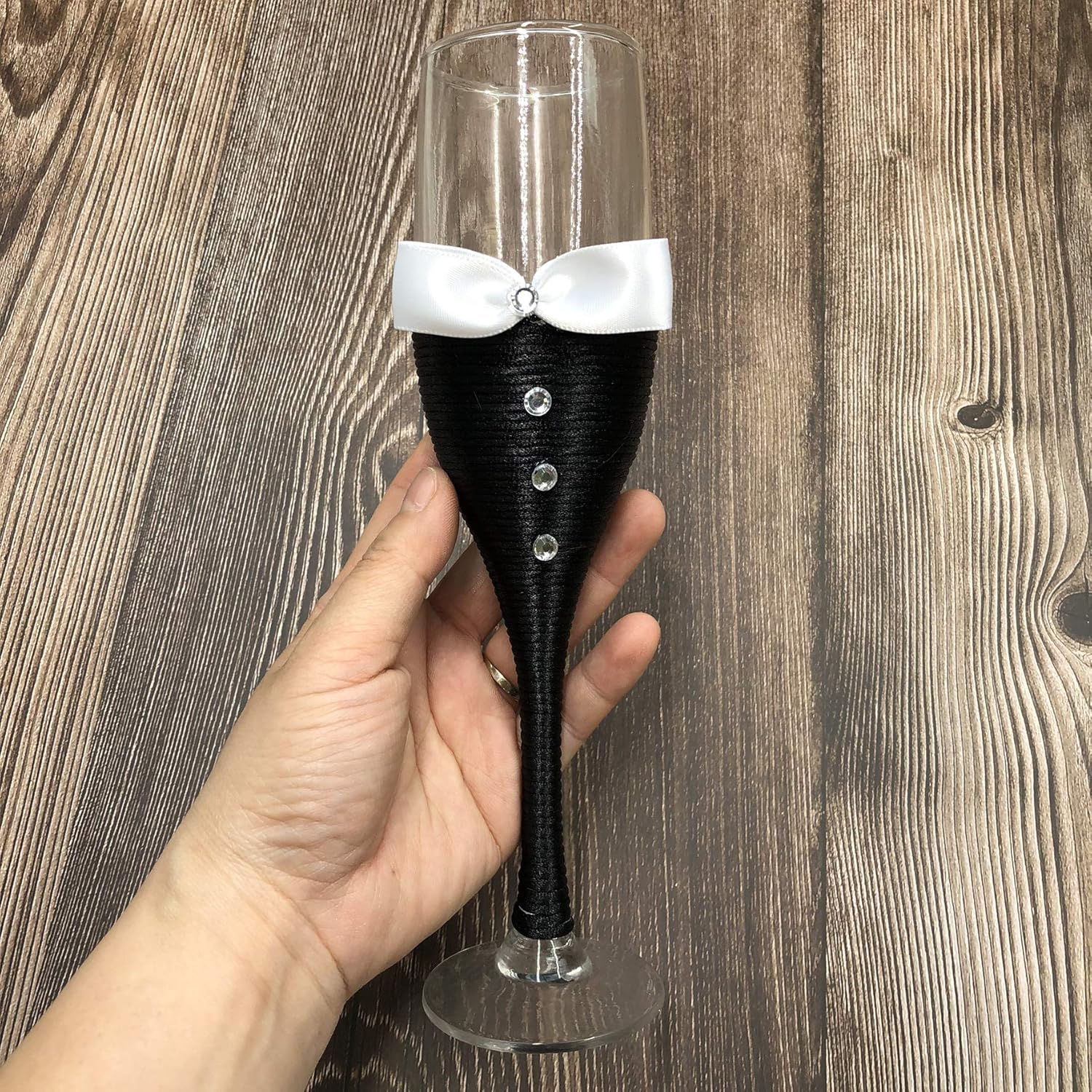 Abbie Home Bride and Groom Wedding Champagne Toasting Flute Anniversary Glasses with Silk Bow Tie and White Lace Trim Rhinestone Décor, Set of 2 (Black Glass Set)