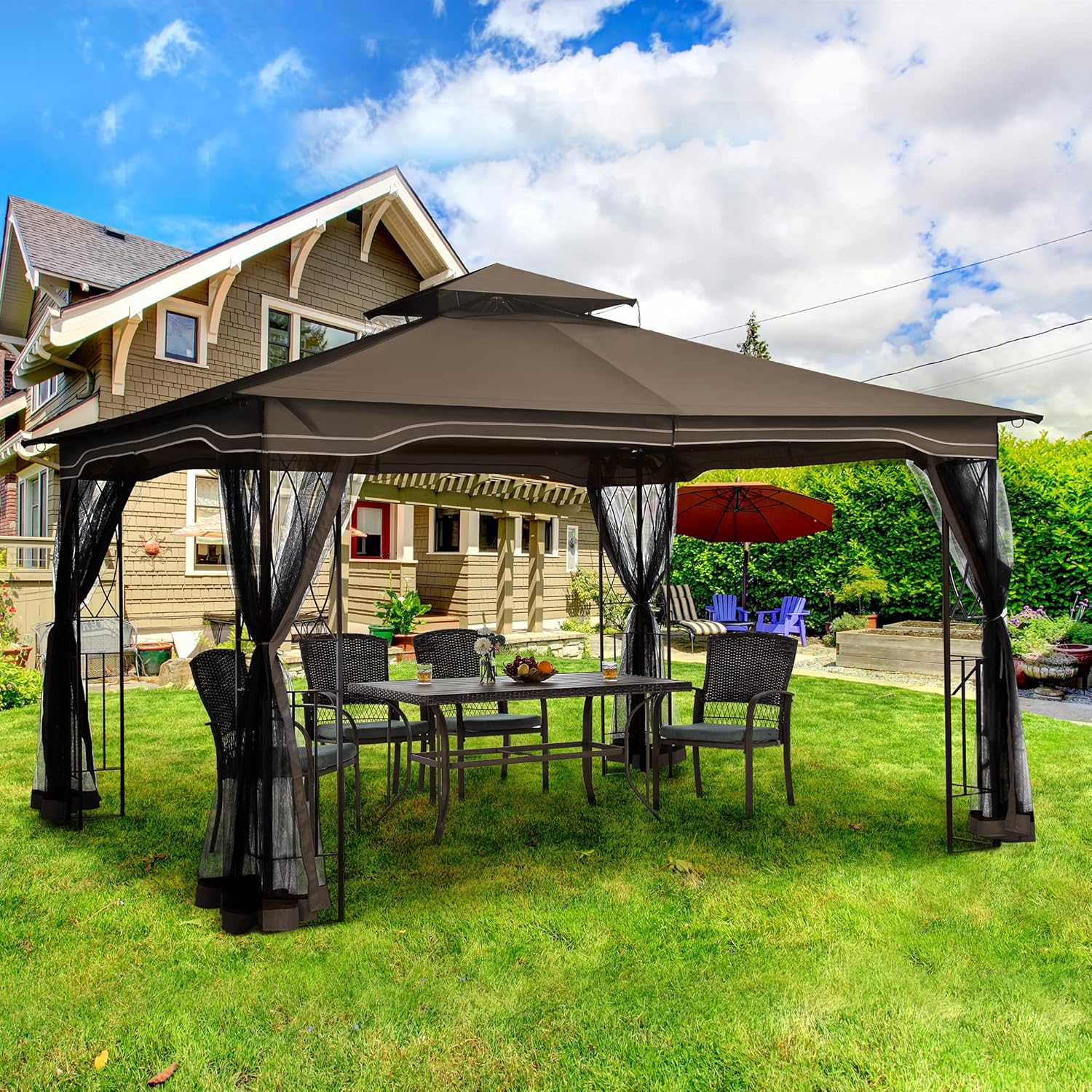 Buy Pamapic 12x10 Outdoor Gazebo With Skylights And Mosquito Netting Waterproof And Uv Proof Terrace Gazebo For Backyard Garden Lawn And Deck Khaki Online In Taiwan B098ffxd3n