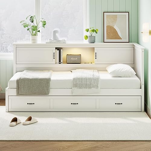 Full Size Modern Daybed with Drawer and Bookcase,L-Shaped Corner Bed