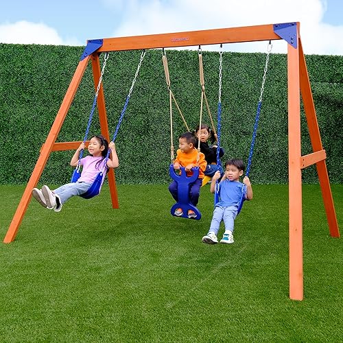 Sportspower Madison Cedar Wooden Swing Set: 2 Height Adjustable Swings and 2 Person Roman Glider Swing, Backyard Outdoor Playset for Kids
