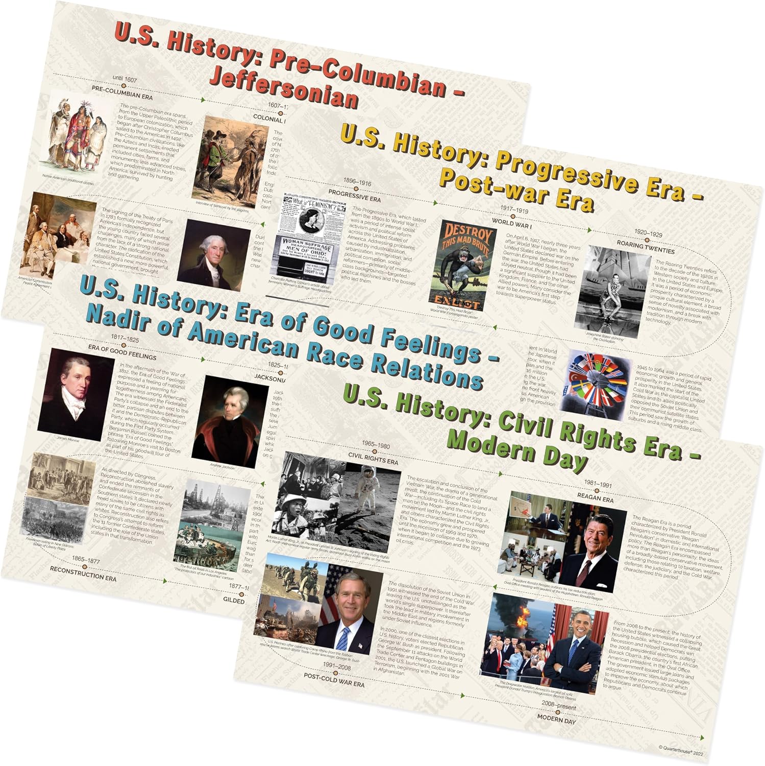 Quarterhouse 4 Poster Timeline of Eras in US History Set, Social Studies Classroom Learning Materials for K-12 Students and Teachers, 12 x 18 Inches, Made in USA