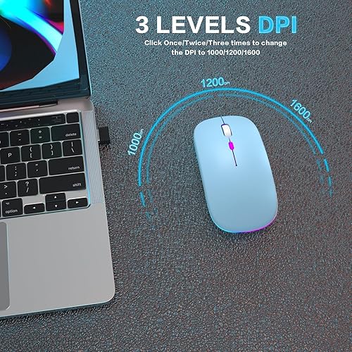 Miniatura 8 de Ratón inalámbrico Bluetooth recargable para laptop con uso LED portátil (BT5.2 y USB 2.4G) Conexión de modo dual Ratón silencioso delgado para