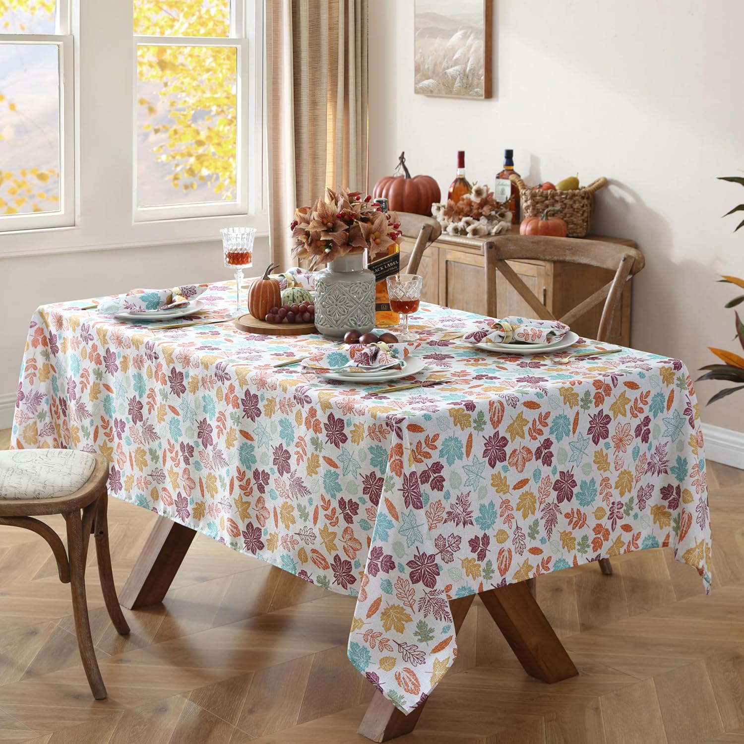 Home Bargains Plus Cranston Blue Leaves Fabric Tablecloth, 60 x 120 Inch Rectangle, Multicolor Botanical Leaf Print, Easy Care Fabric Dining Table Cover