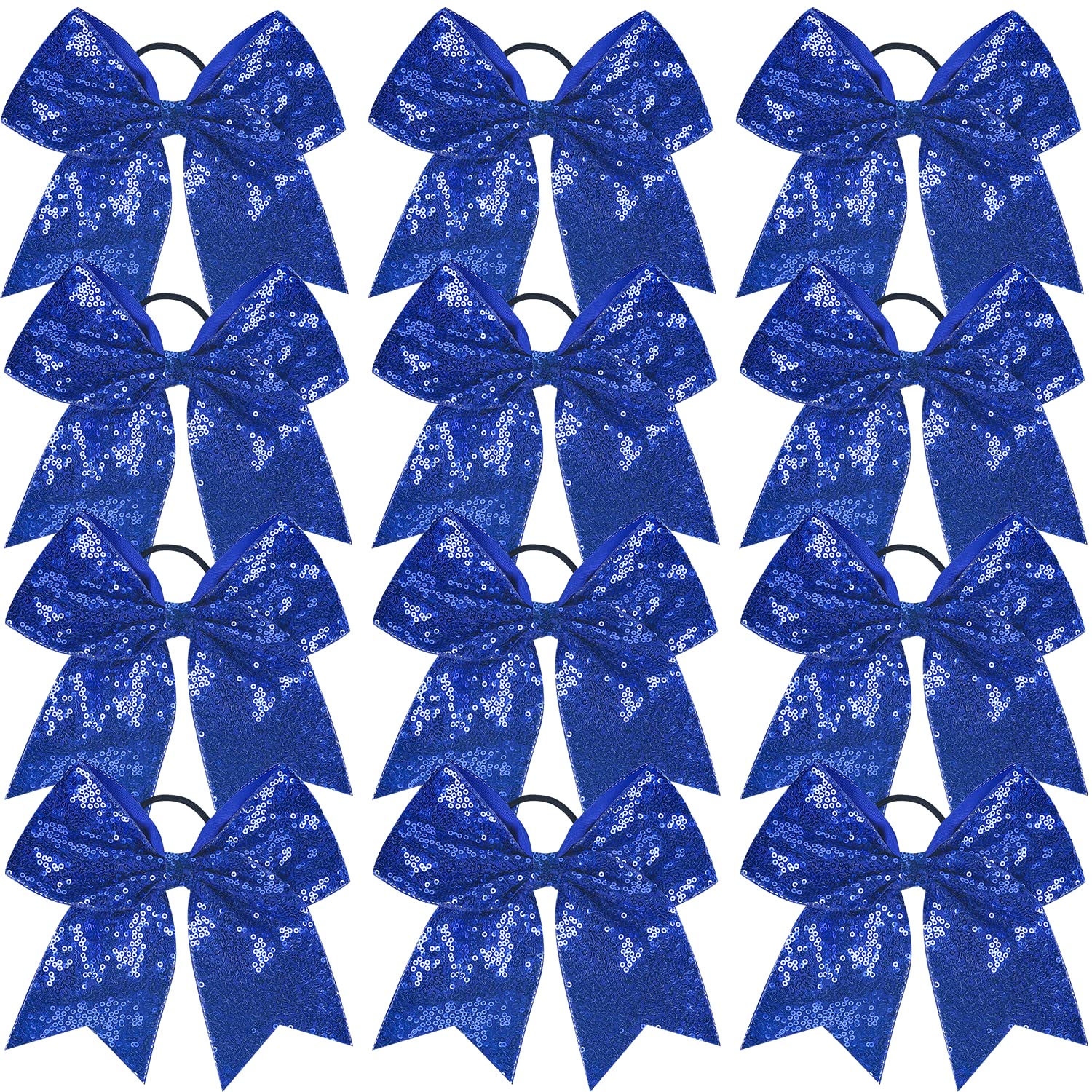 Jeffan 12 Pieces Blue Sequin Cheer Bows, 8 Inch Large Hair Bows with Elastic Ponytail Holder for School Girls Toddlers, Hair Accessories for