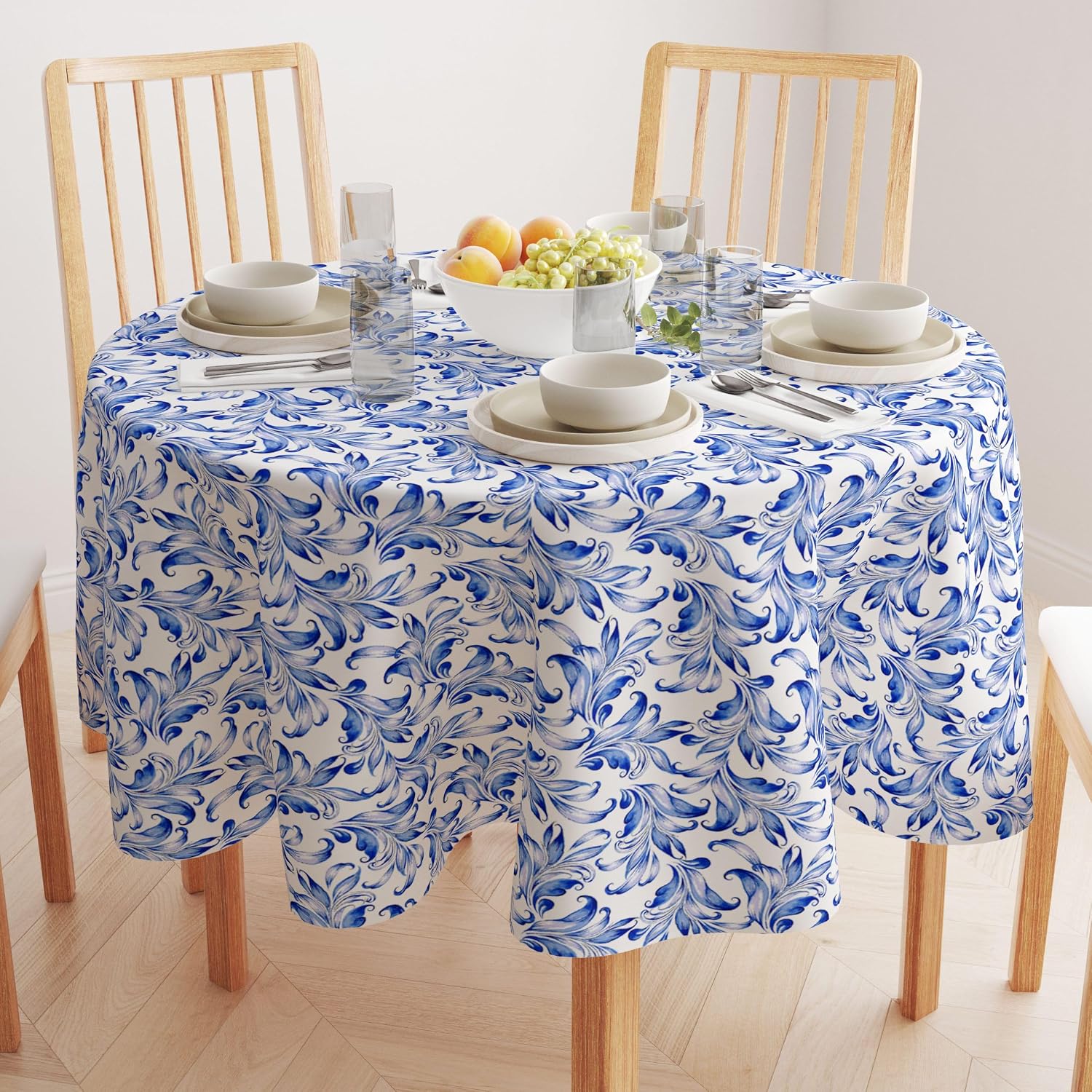 Fabric Textile Products | Blue Traditonal Leaves Tablecloth | Classic Floral Round Tablecloth | 84" Round | Machine Washable and Stain-Resistant for Easy Care | Made in The USA