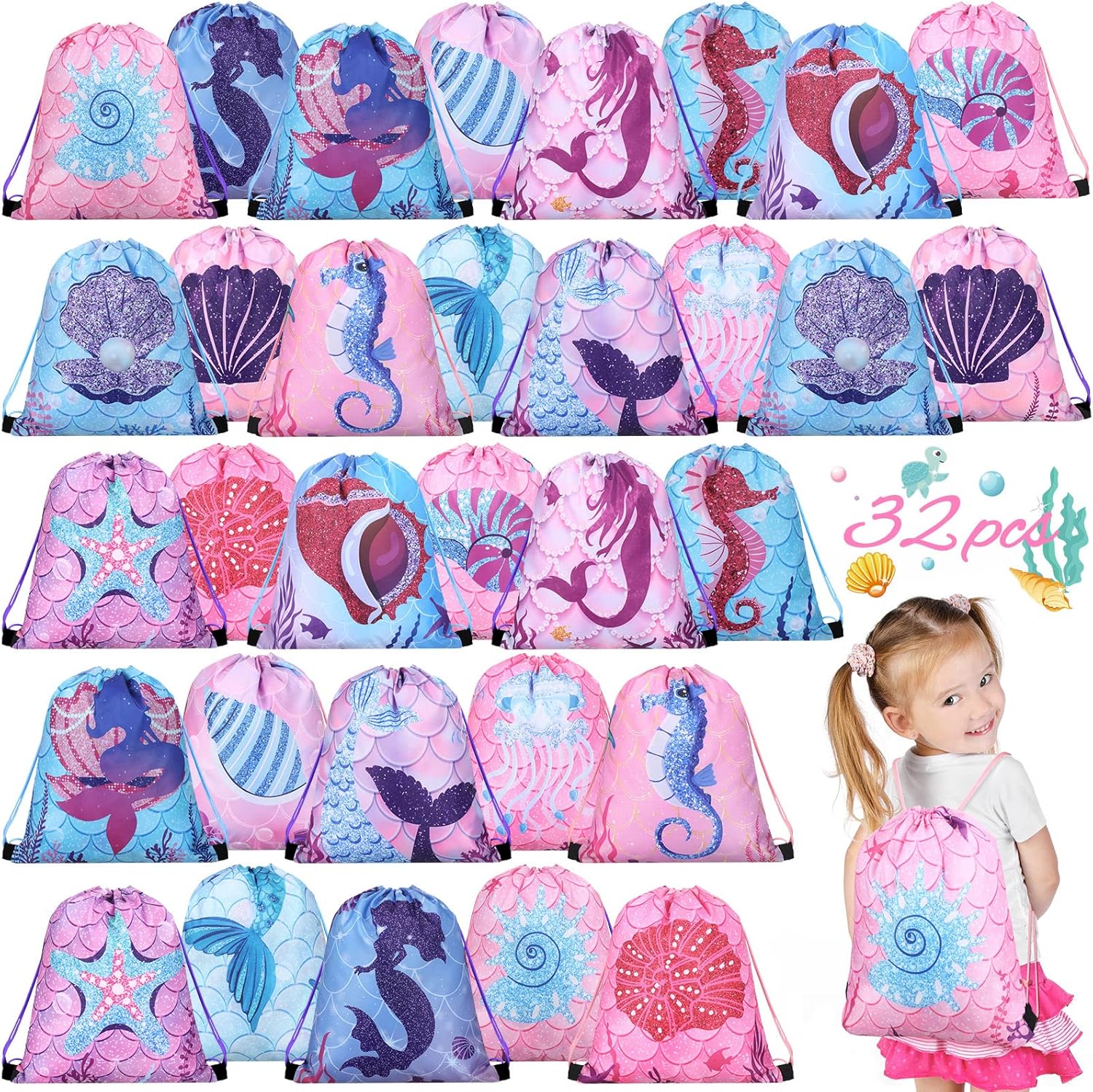 Sweetude 32 Pcs Mermaid Drawstring Backpack Mermaid Party Favor Bags Candy Gifts Sea Mermaid Goodie Bags Mermaid Treat Bags for Birthday Party School Travel, 10 x 12 Inch