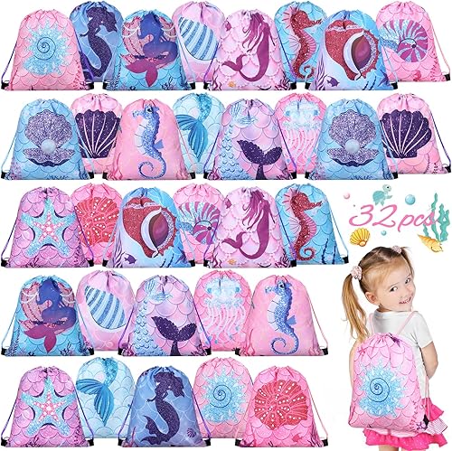 Sweetude 32 mochilas con cordón de sirena, bolsas de recuerdo de fiesta de sirena, regalos de dulces, bolsas de regalo de sirena de mar, bolsas de