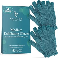 Exfoliating Glove (4 pcs, 2 Pairs) - Medium Shower Gloves for Body Scrub, Exfoliates & Removes Dead Skin