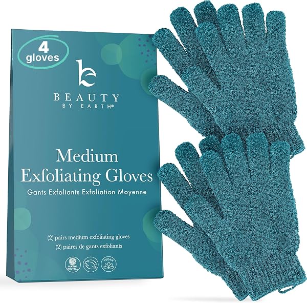 Exfoliating Glove (4 pcs, 2 Pairs) - Medium Shower Gloves for Body Scrub, Exfoliates & Removes Dead Skin