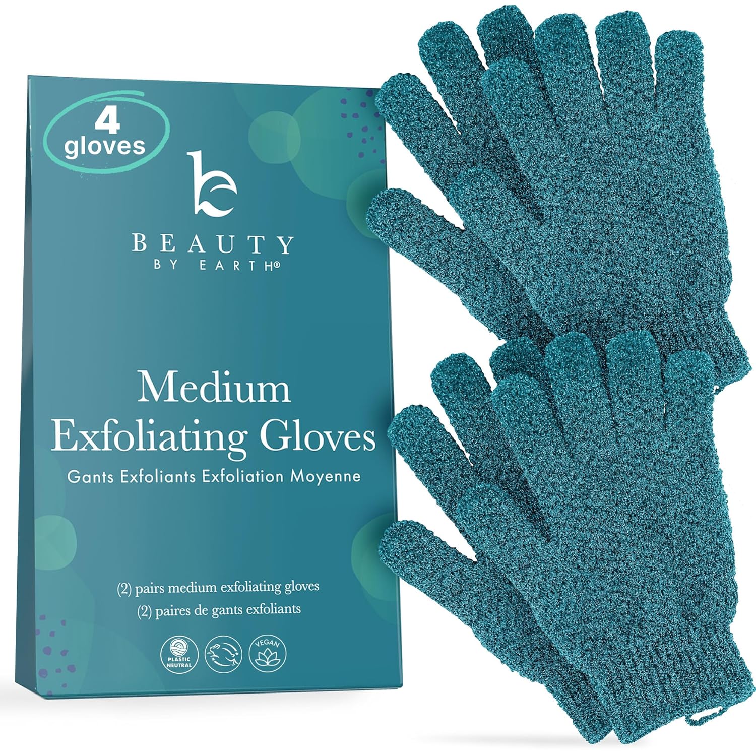 Beauty by Earth Exfoliating Glove (4 pcs, 2 Pairs) - Medium Shower Gloves for Body Scrub, Exfoliates & Removes Dead Skin