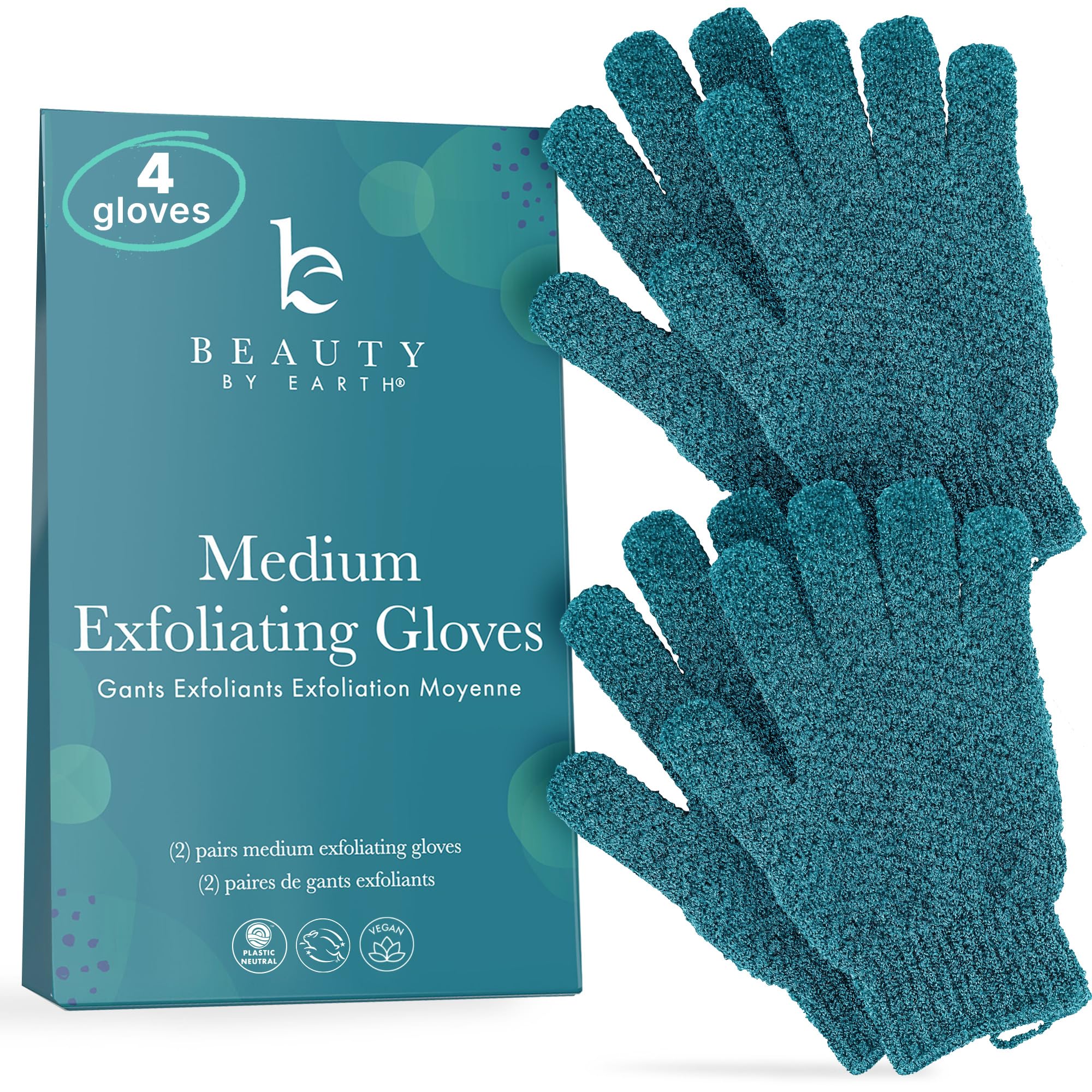 Exfoliating Glove (4 pcs, 2 Pairs) - Medium Shower Gloves for Body Scrub, Exfoliates & Removes Dead Skin, Stocking Stuffers for Women and Men
