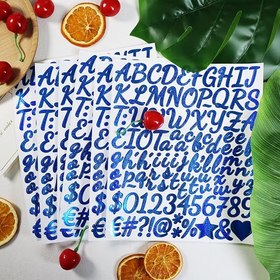 6 Sheets 1 Inch Glitter Letter Number Stickers,624 Pcs Self-Adhesive Alphabet Letters Sticker Decals for Scrapbook Water Bottle DIY Crafts - Light Blue