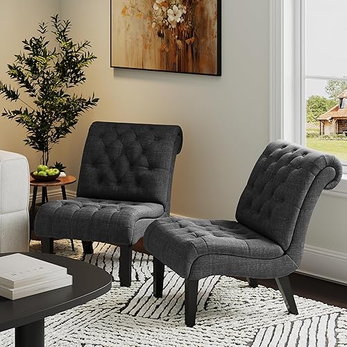 Miniatura 3 de Alunaune Juego de 2 sillas de sala de estar, modernas, tapizadas sin brazos, para dormitorio, sofá, respaldo de tela, reclinable, patas de madera,