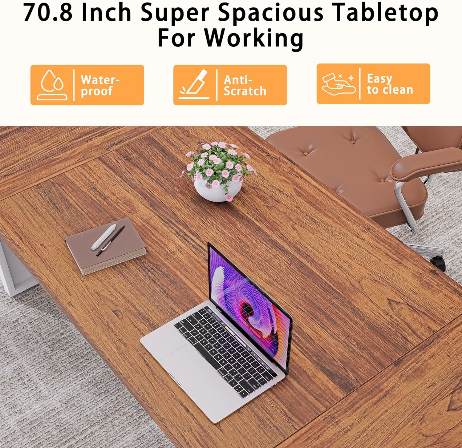 70.8" Executive Office Desk, Large Heavy-Duty Computer Desk for Home Office, Modern Writing Workstation with Rustic Brown Tabletop and White Metal Frame