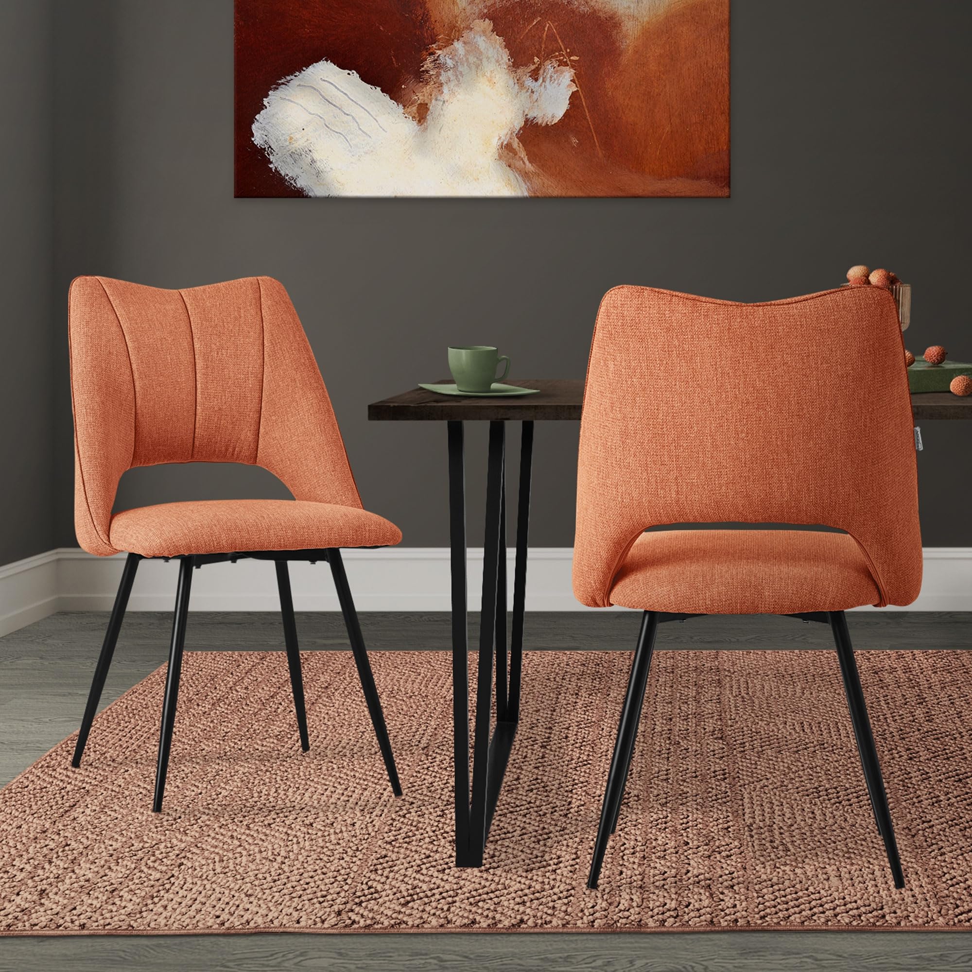 ML-Design Set 2X Sillas de Comedor Color Naranja con Respaldo Asiento de Poliéster Tapizado con Patas de Metal Negro Sillónes Ergonómicos de Diseño Moderno para Mesa de Salón, Escritorio o Cocina