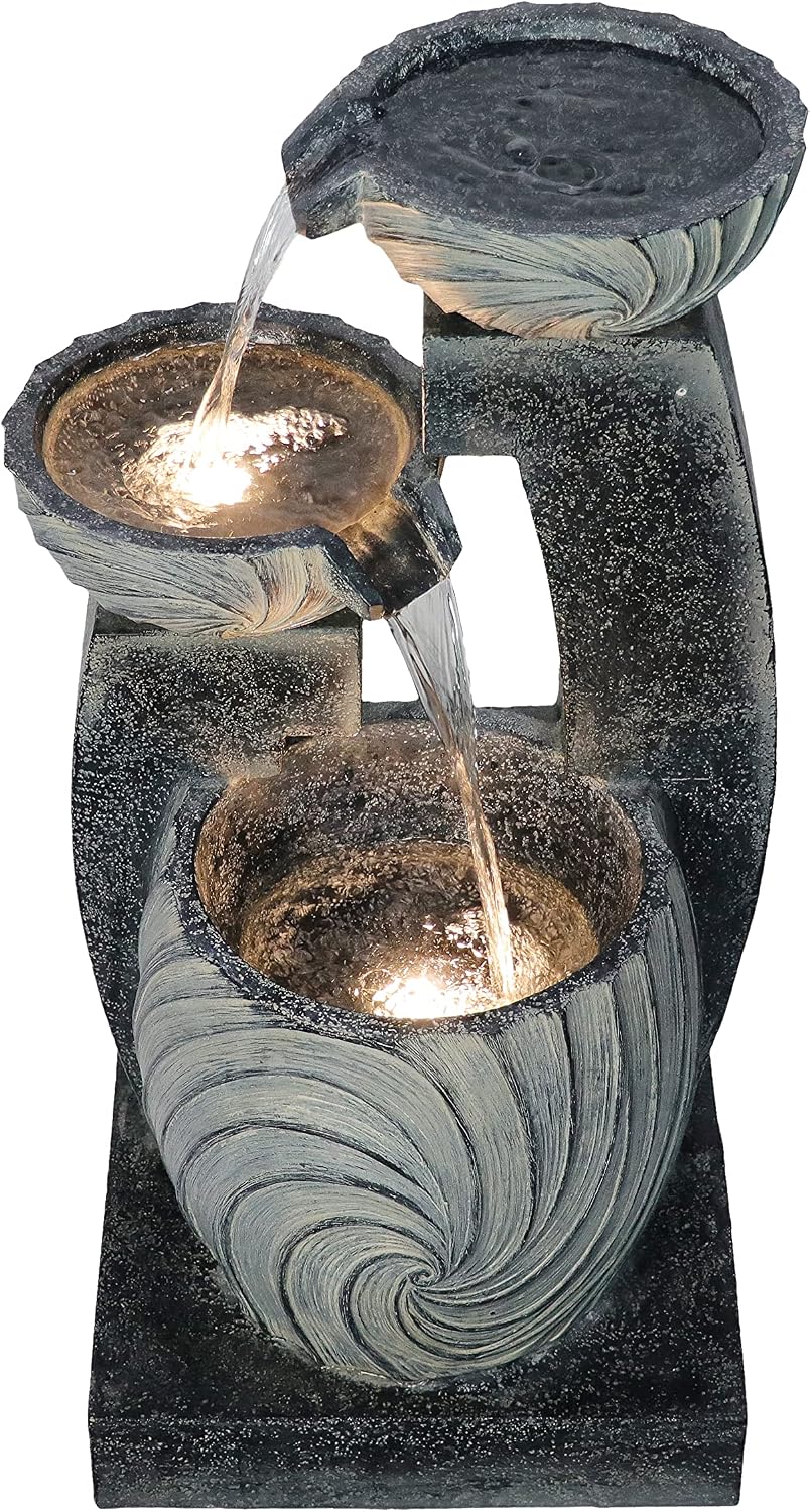 Hi-Line Gift Ltd. 3 Tiers Modern Cascading Water Fountain Outdoor with Warm White LEDs, Gray