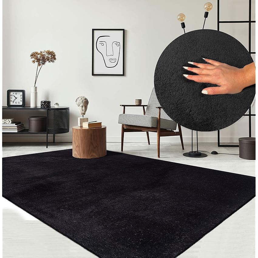 Immagine del prodotto the carpet il tappeto Relax Tappeto moderno a pelo corto, fondo antiscivolo, lavabile fino a 30 gradi, morbidissimo, aspetto pelliccia, nero, 60 x 110 cm