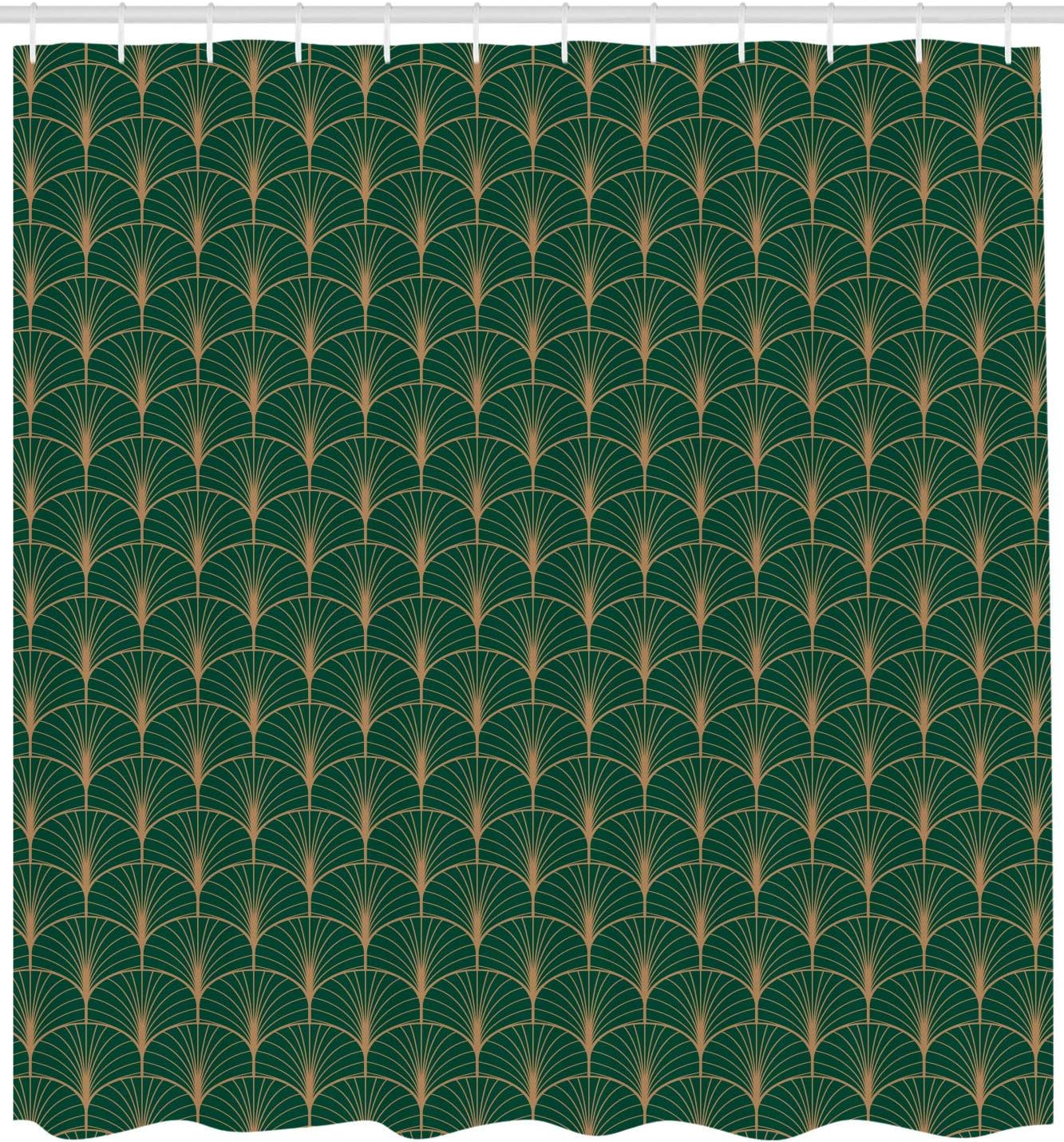 Lunarable Art Deco Shower Curtain, Geometric Circling Lines Fan Shaped Leaves Exotic in Abstract Modern, Cloth Fabric Bathroom Decor Set with Hooks, 69" W x 70" L, Forest Green Sand Brown