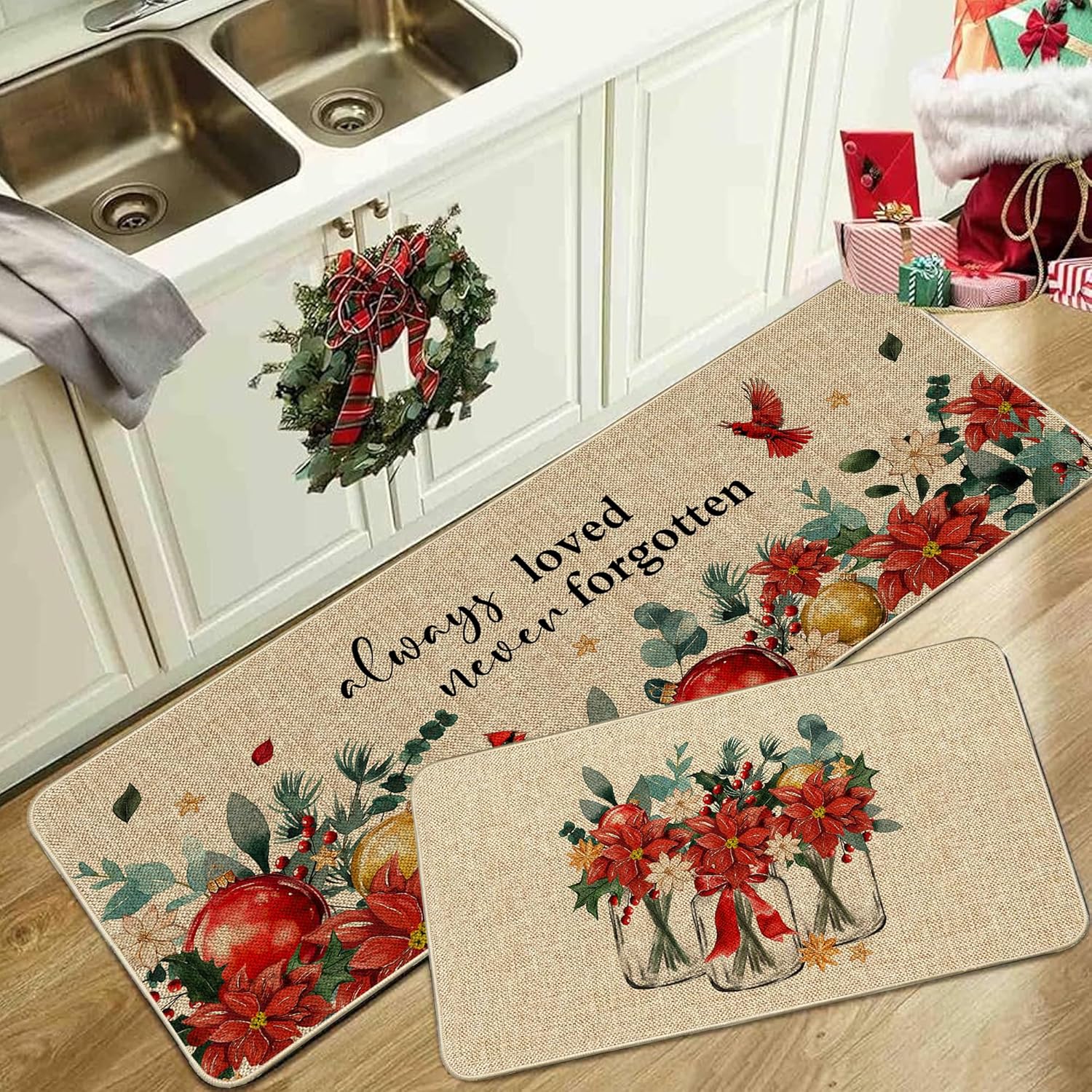 Christmas Poinsettia Kitchen Mats Set of 2, Always Loved Never Forgotten Kitchen Rugs Winter Holiday Floor Non-Slip Low Profile Mat Seasonal Farmhouse Home Decor 17x29 and 17x47 Inch