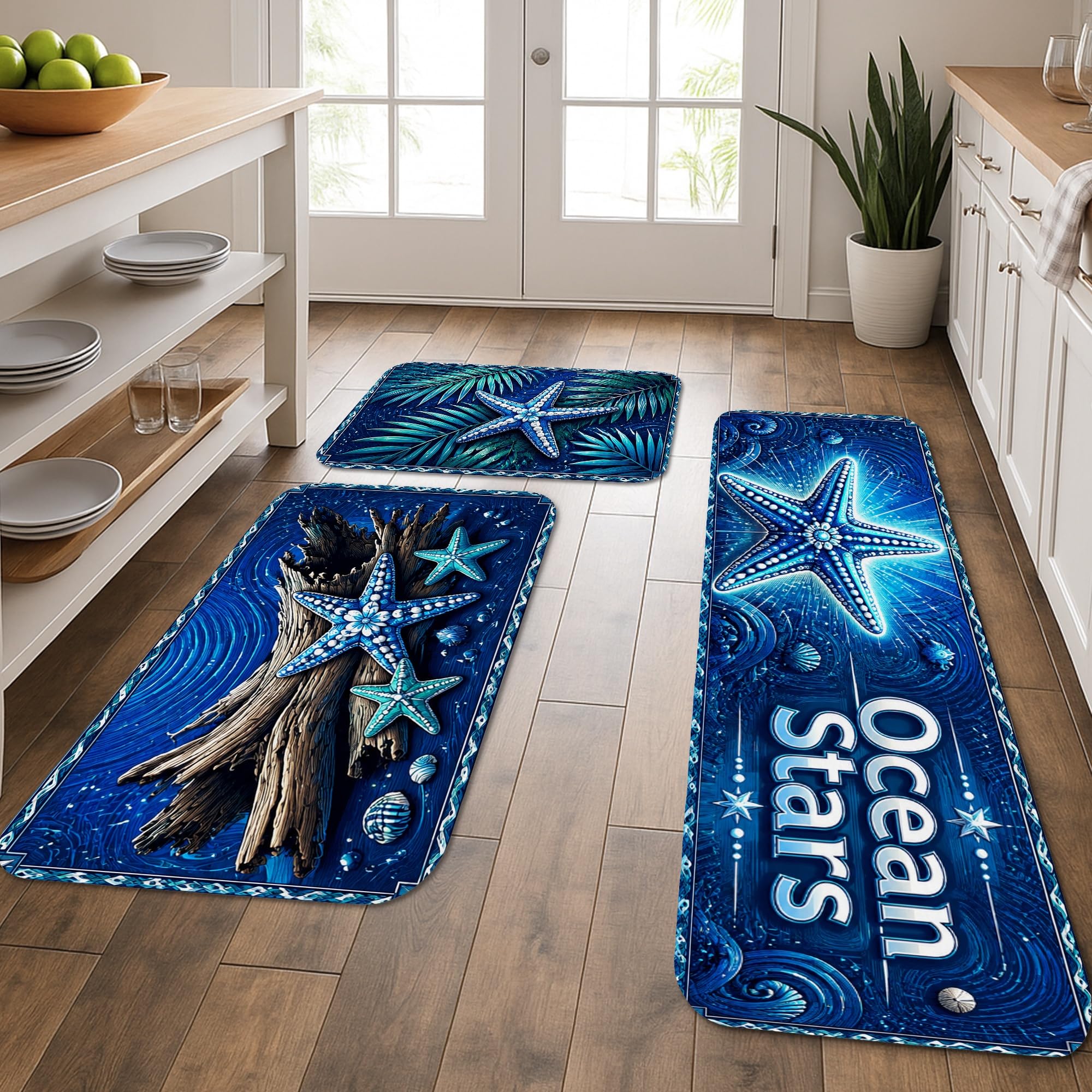 Tapis de cuisine lot de 3 Oceanic motif étoile de mer bleu confortable lavable pour sol