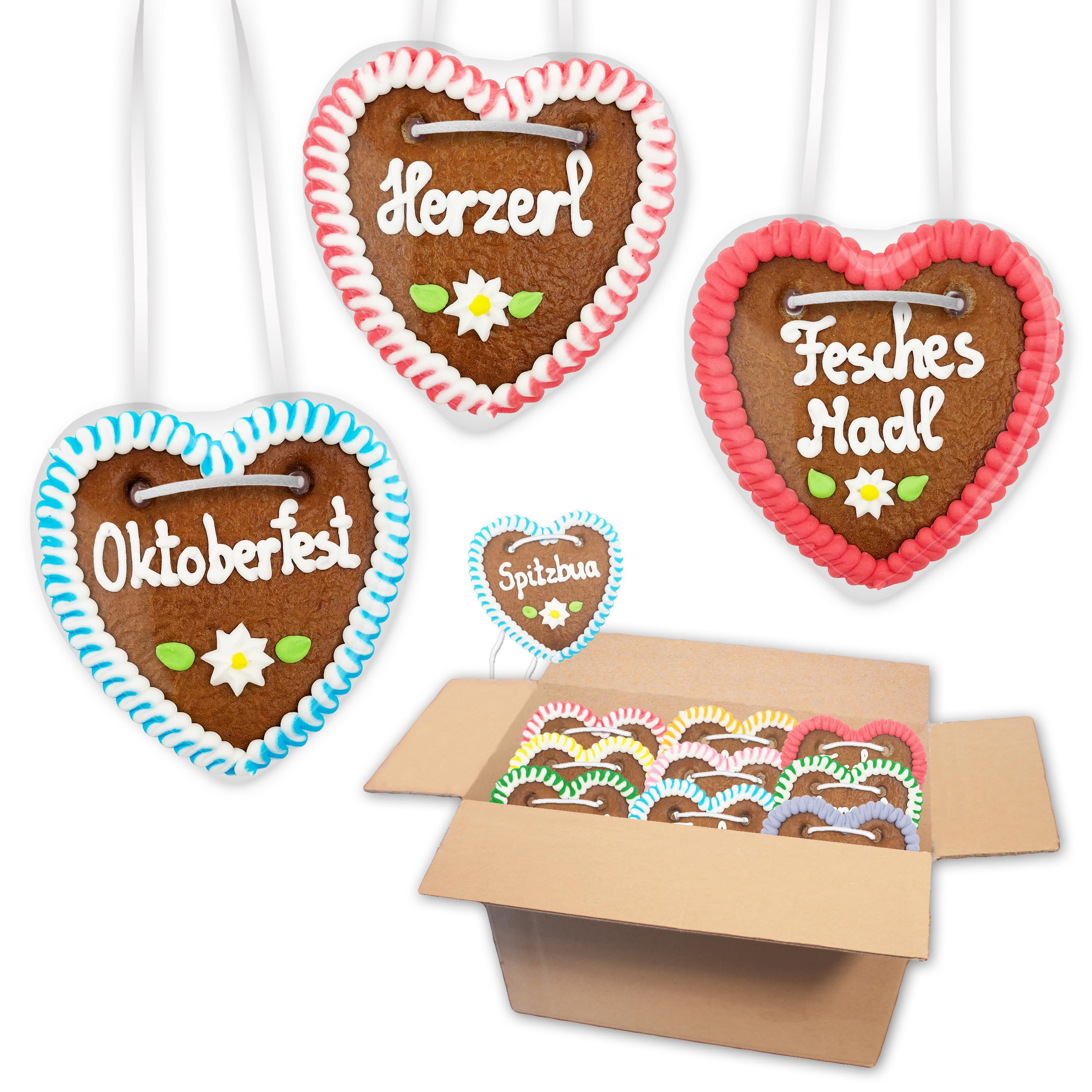 140x Lebkuchenherzen Wiesn Mischkarton mit Bayrische Sprüche, 10 cm | LEBKUCHEN WELT Bayerische Sprüche 10cm in Premium Qualität - Frisch & Saftig! Lebkuchenherz Mottoparty Bayerisch – Give-aways