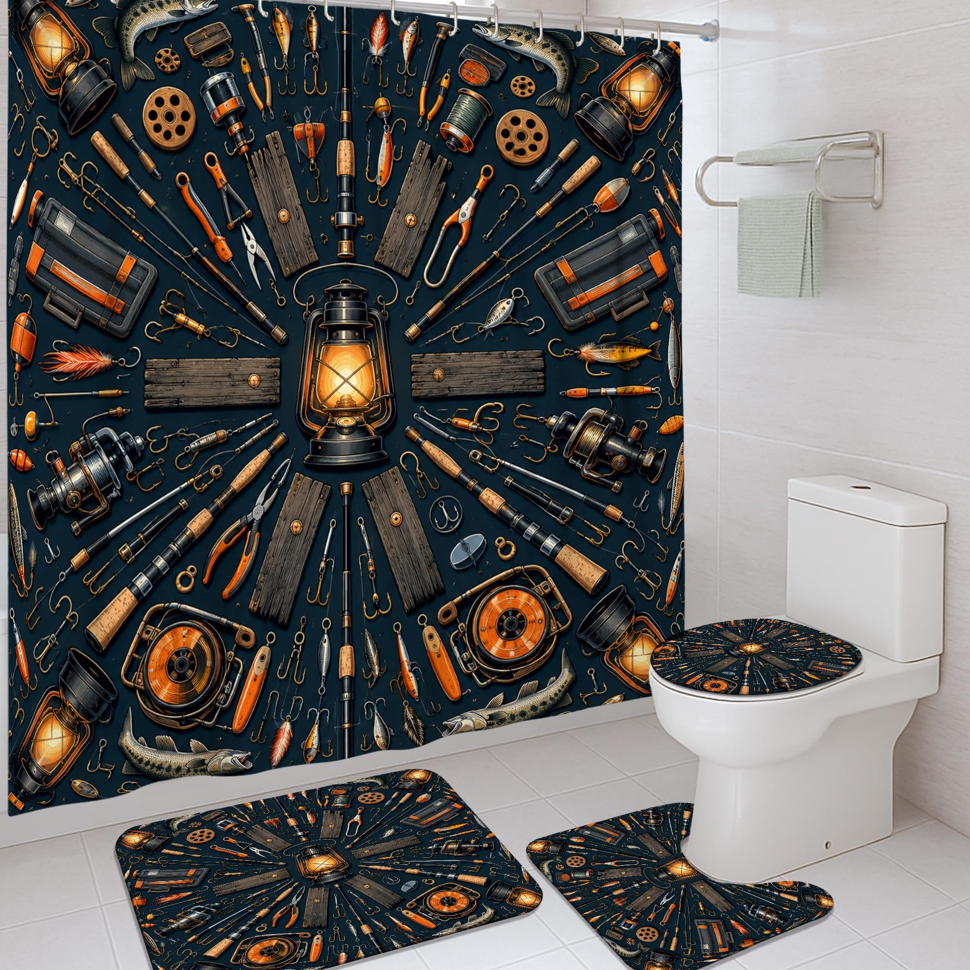 Rideau de douche bleu foncé vintage imperméable pour salle de bain rustique