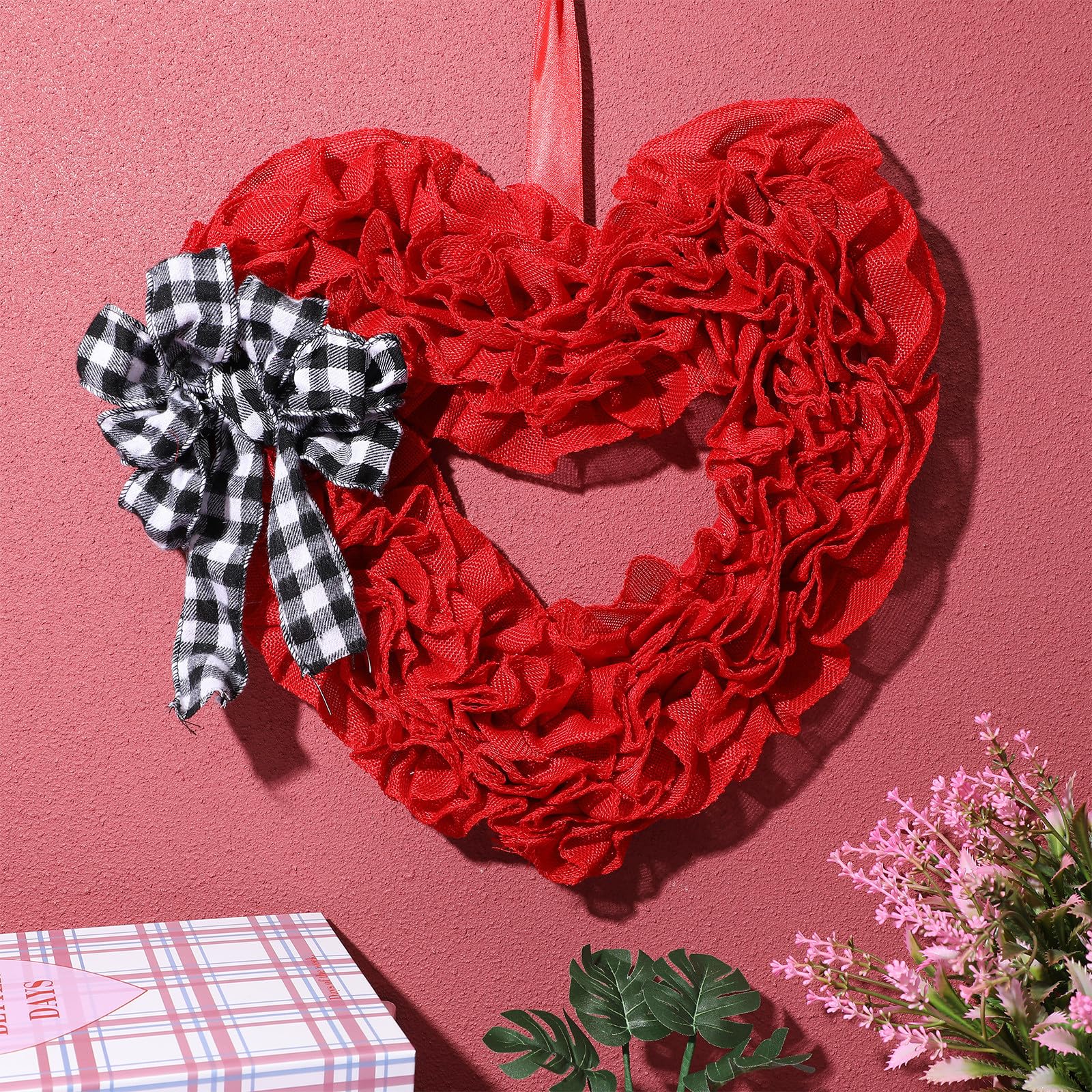 Guirnalda Colgante de Corazón de Tela para Puerta de Entrada, Decoración de San Valentín, Boda y Compromiso, Diámetro 35 Cm, Adorno Romántico para Hogar y Eventos
