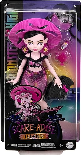 Vista 6 de Monster High Scare-adise Island Draculaura Muñeca con traje de baño, pareo y accesorios de playa como sombrero, protector solar y bolsa